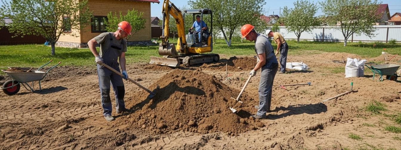 Земляные работы на даче, разработка грунта, работники работабь земляные работыфото