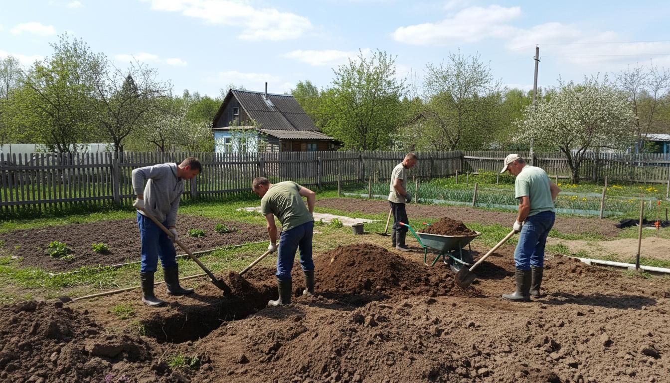 Земляные работы на даче, разработка грунта, работники работабь земляные работыфото