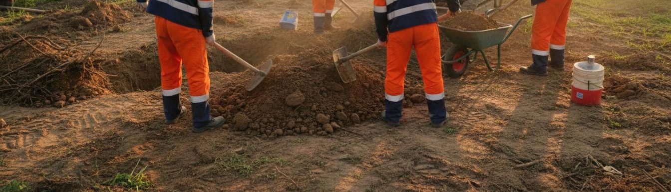 Выемка грунта на даче, рабочие работают со спецодеждой от компании 