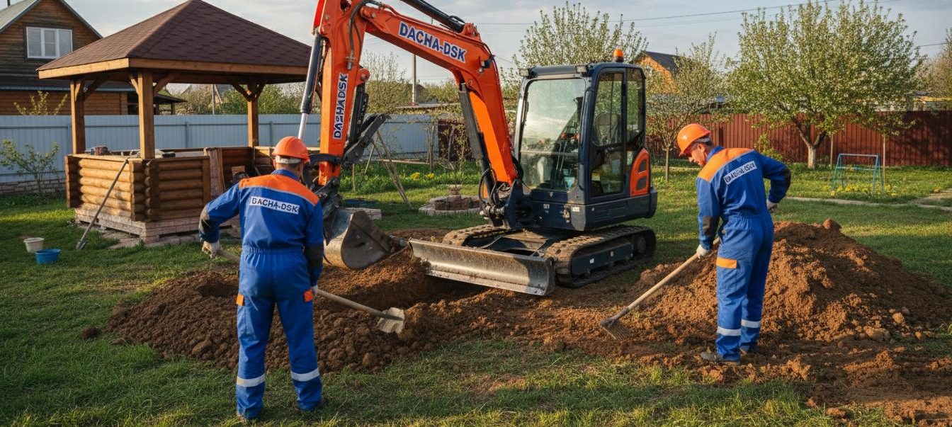Разработка грунта на даче с помощью техники на которой написано название компании 